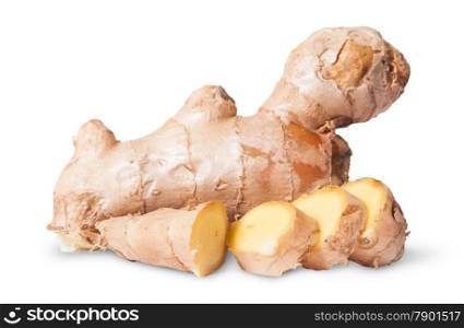 Sliced and whole ginger root isolated on white background