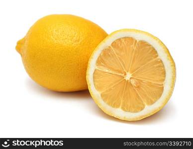 sliced and whole lemons isolated on white