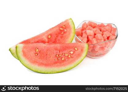 Sliced appetizing watermelon and watermelon dessert in a vase isolated on white background.