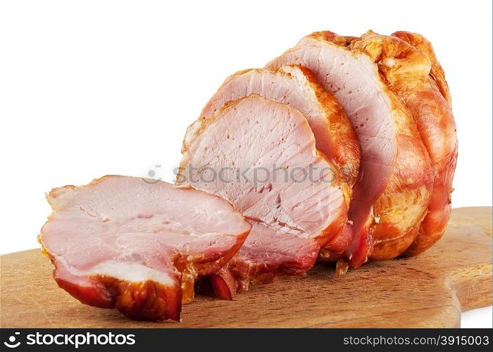Sliced bacon on a chopping board isolated on white background