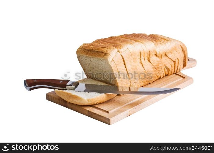 sliced bread and knife isolated on white background