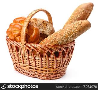 Sliced bread in basket isolated on white background