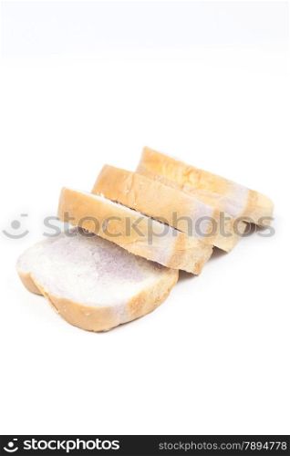 Sliced bread. Rectangular plate is divided into pieces. Isolated white background