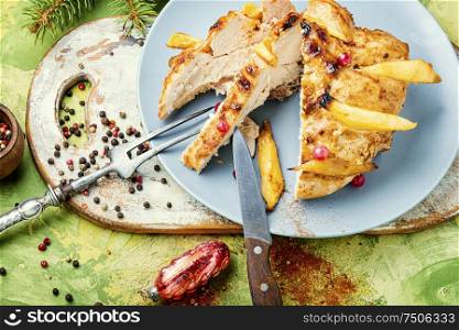 Sliced chicken breast with spices.Grilled chicken breast with mango.Grilled chicken fillets. Sliced grilled chicken breast