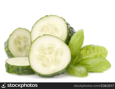 Sliced cucumber vegetable and basil leaves still life isolated on white background cutout