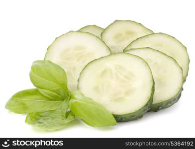 Sliced cucumber vegetable and basil leaves still life isolated on white background cutout