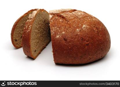 Sliced dark bread on white background