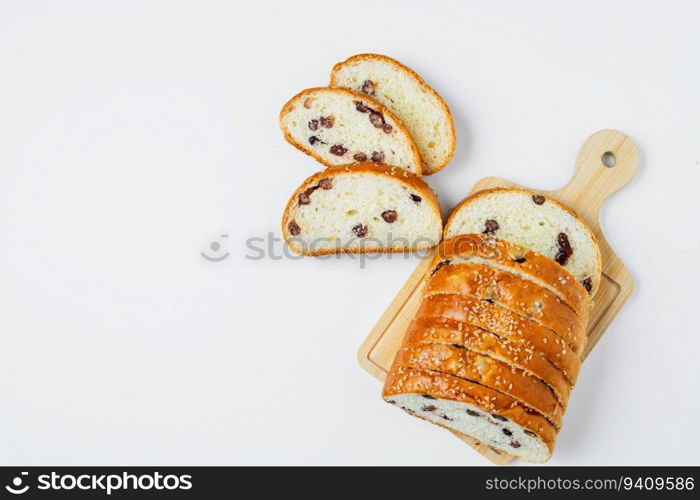 Sliced fine whole wheat bread on white background for bakery, food and eating concept