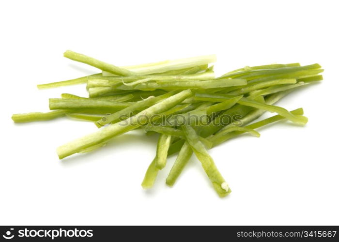 Sliced green chili pepper closeup on white background