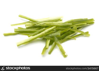 Sliced green chili pepper closeup on white background