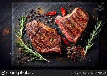 Sliced grilled meat steak with spices rosemary and pepper on black marble board