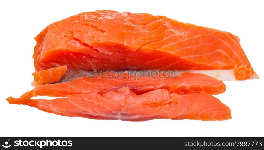 sliced lighty smoked atlantic salmon red fish fillet piece isolated on white background