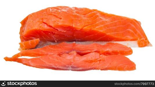 sliced lighty smoked atlantic salmon red fish fillet piece isolated on white background