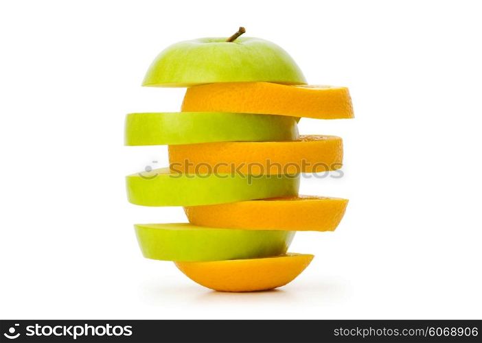 Sliced orange and apple isolated on the white