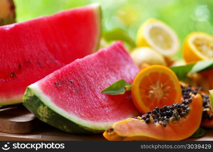 sliced papaya, watermelon and ripe fruits . sliced papaya, watermelon and ripe frui