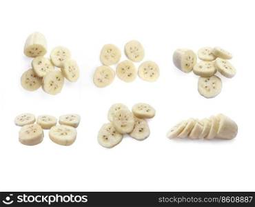 sliced peeled banana on a white background