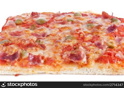 sliced pizza with mozzarella, tomatoes, olives and ham