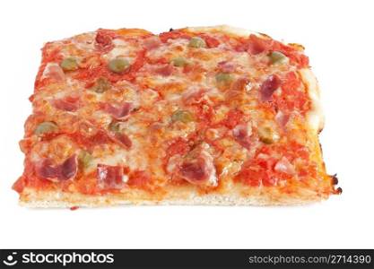 sliced pizza with mozzarella, tomatoes, olives and ham