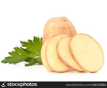 Sliced potato tubers and parsley leaves isolated on white background cutout