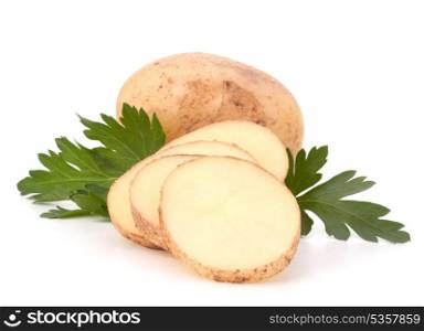 Sliced potato tubers and parsley leaves isolated on white background cutout