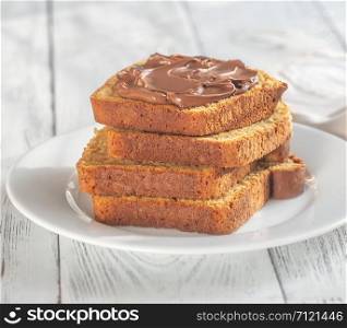 Sliced pumpkin bread with chocolate spread