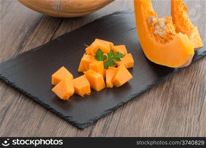 Sliced pumpkin on kitchen table