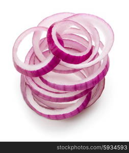 Sliced red onion rings isolated on white background cutout