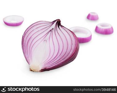 sliced red onions isolated on white background
