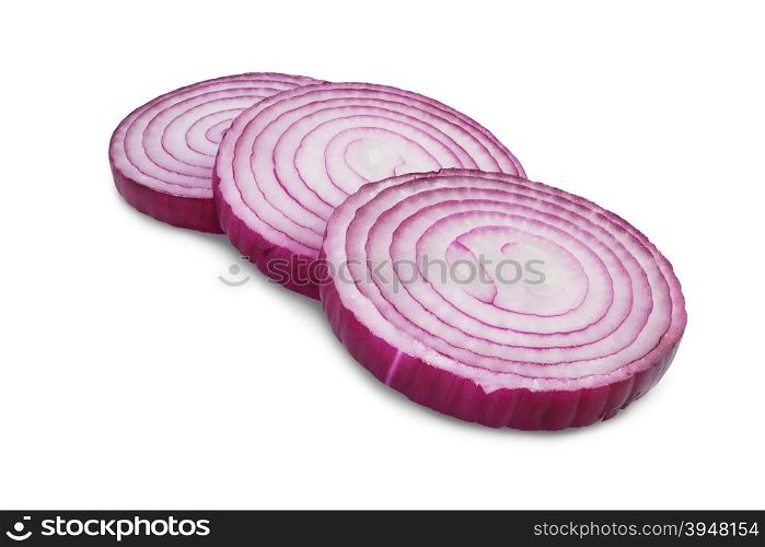 sliced red onions isolated on white background