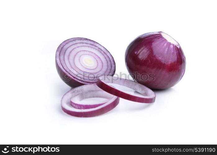 sliced red onions on white background