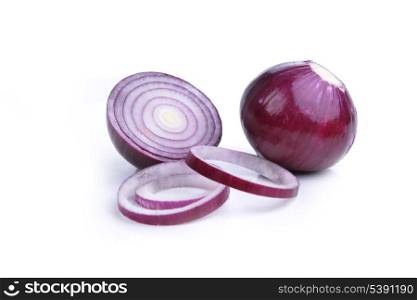 sliced red onions on white background