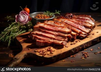 Sliced roast pork on a wooden cutting board
