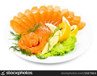 sliced smoked salmon served with lemon and salmon rose