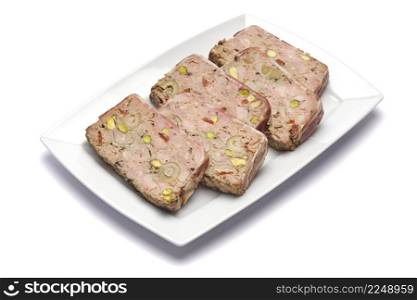 Sliced Traditional French terrine covered with bacon isolated on white background. High quality photo. Sliced Traditional French terrine covered with bacon isolated on white background