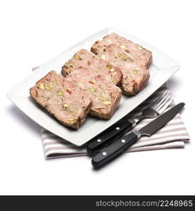 Sliced Traditional French terrine covered with bacon isolated on white background. High quality photo. Sliced Traditional French terrine covered with bacon isolated on white background