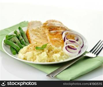 sliced turkey with mashed potatoes and green beans