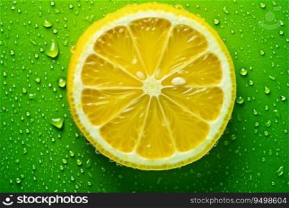Sliced yellow lemon on a green background with water drops, generative ai.