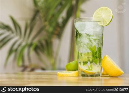 slices fruits near glass drink with ice herbs board