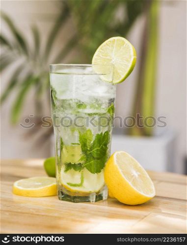 slices fruits near glass drink with ice herbs table