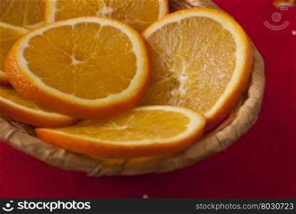 slices of an orange in a basket. slices of an orange in a basket on red background