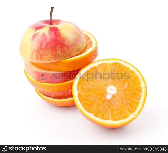 slices of apples and half orange. slices of apples and half orange isolated on white background