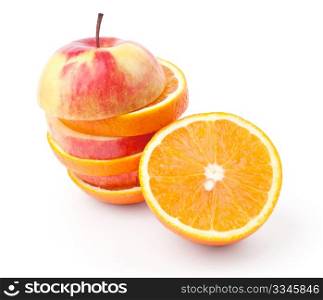 slices of apples and half orange. slices of apples and half orange isolated on white background