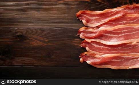 Slices of bacon on wooden tab≤, top view. Space for text