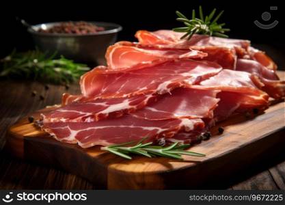 Slices of delicious dried ham with rosemary on a wooden board with salt. Slices of delicious dried ham with rosemary on a wooden board