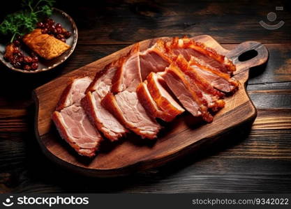 Slices of dried pork on a vintage board. Generative AI