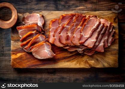 Slices of dried pork on a vintage board. Generative AI