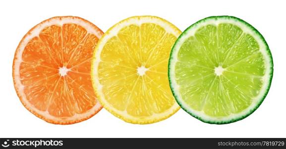 Slices of fresh citrus fruits isolated on white background