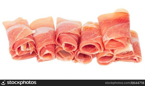 slices of fresh spanish cured pork ham jamon isolated on white background