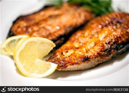 Slices of fried red fish on white plate shot with blurred background. Slices of fried red fish