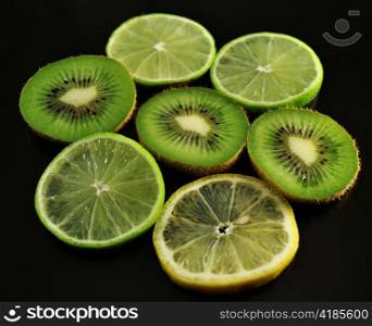 slices of kiwi,lime and lemon , close up